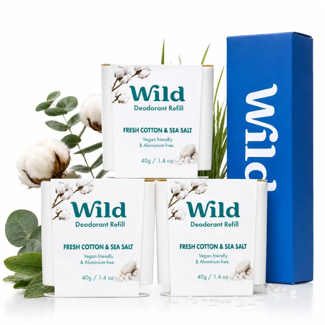 Wild Aluminum Free Natural Deodorant Refills - Fresh Cotton & Sea Salt - Women & Men's - Fits Wild Refillable Case - 24 Hour Odor Protection - Box of 3