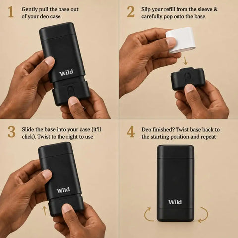 Wild Aluminum Free Natural Deodorant Starter Kit - Refillable Black Case - Natural Ingredients & 24 Hour Odor Protection - Women & Men's - Honey & Cactus Flower Scent - Case + 1 Refill