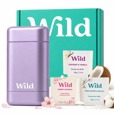 Wild Aluminum Free Natural Deodorant Starter Kit - Refillable Purple Case - Natural Ingredients & 24 Hour Odor Protection - Women's - Fresh Scents Variety Pack - Case + 3 Refills