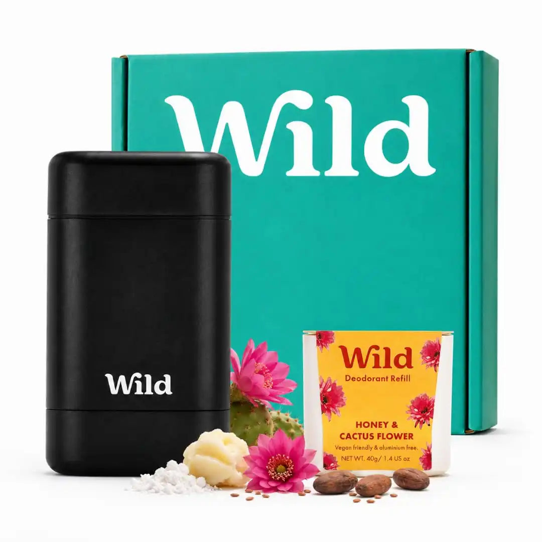 Wild Aluminum Free Natural Deodorant Starter Kit - Refillable Black Case - Natural Ingredients & 24 Hour Odor Protection - Women & Men's - Honey & Cactus Flower Scent - Case + 1 Refill