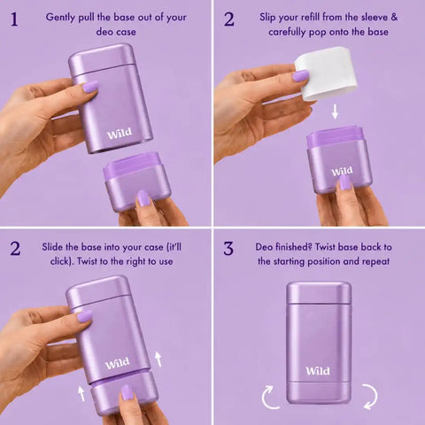 Wild Aluminum Free Natural Deodorant Starter Kit - Refillable Purple Case - Natural Ingredients & 24 Hour Odor Protection - Women's - Fresh Scents Variety Pack - Case + 3 Refills