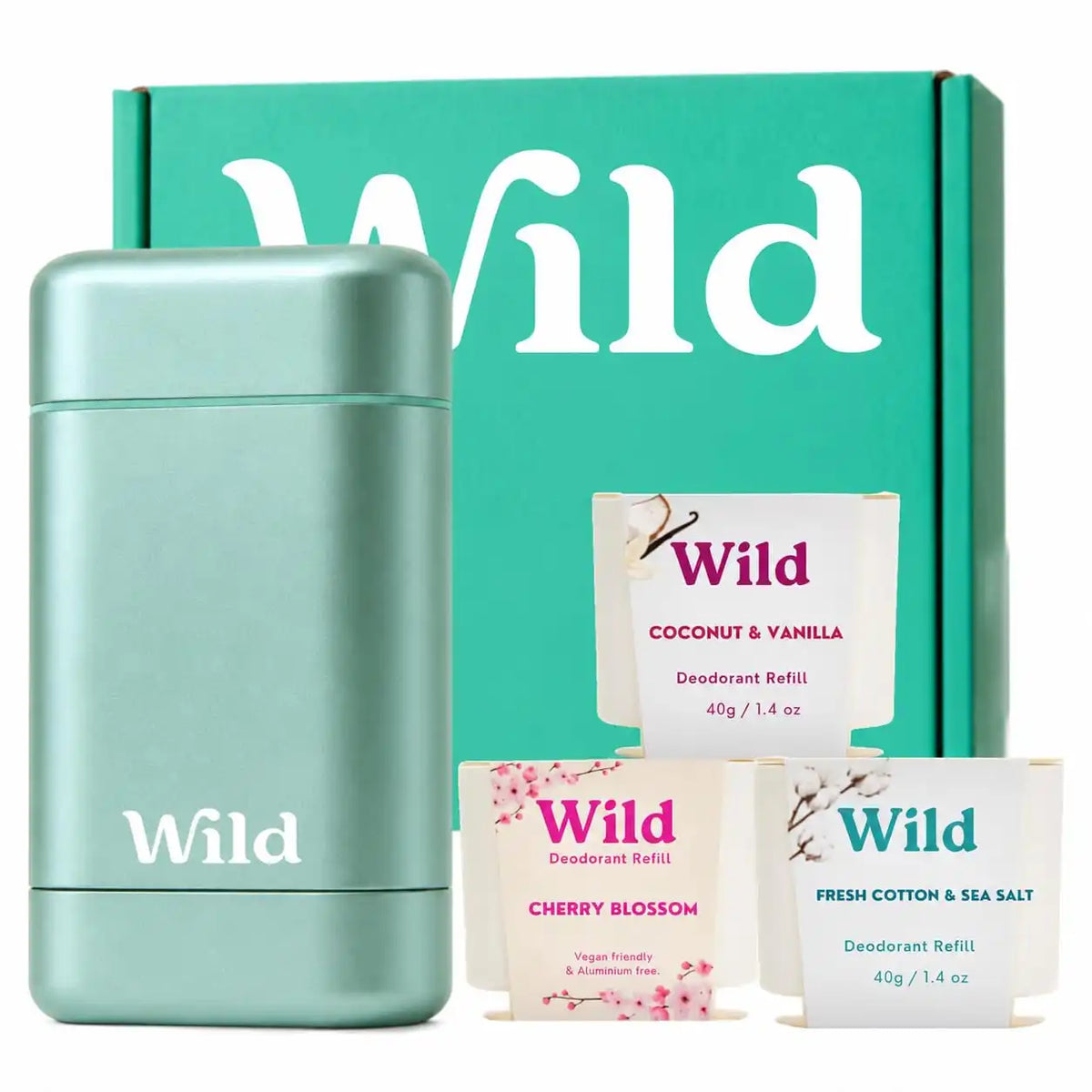 Wild Aluminum Free Natural Deodorant Starter Kit - Refillable Aqua Case - Natural Ingredients & 24 Hour Odor Protection - Women & Men's - Fresh Scents Variety Pack - Case + 3 Refills