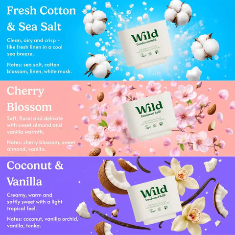 Wild Aluminum Free Natural Deodorant Starter Kit - Refillable Aqua Case - Natural Ingredients & 24 Hour Odor Protection - Women & Men's - Fresh Scents Variety Pack - Case + 3 Refills