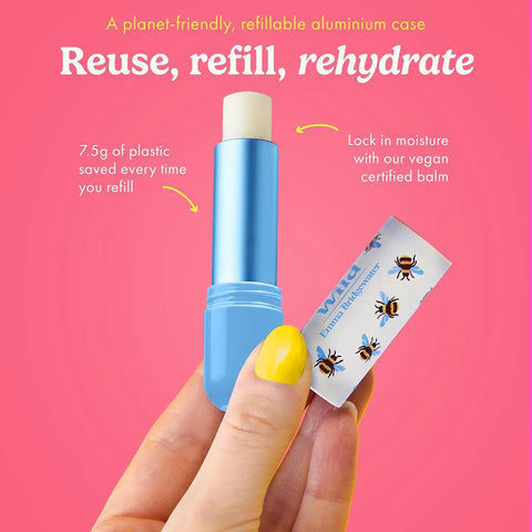 Wild Refillable Lip Balm Starter Kit - Includes Bee Print Aluminum Case & 3 Pack Lip Balm Refills in a Variety of Scents - Includes Coconut & Vanilla, Manuka Honey & Passionfruit Swirl Scents