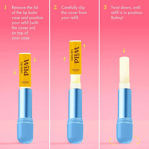 Wild Refillable Lip Balm Starter Kit - Includes Bee Print Aluminum Case & 3 Pack Lip Balm Refills in a Variety of Scents - Includes Coconut & Vanilla, Manuka Honey & Passionfruit Swirl Scents
