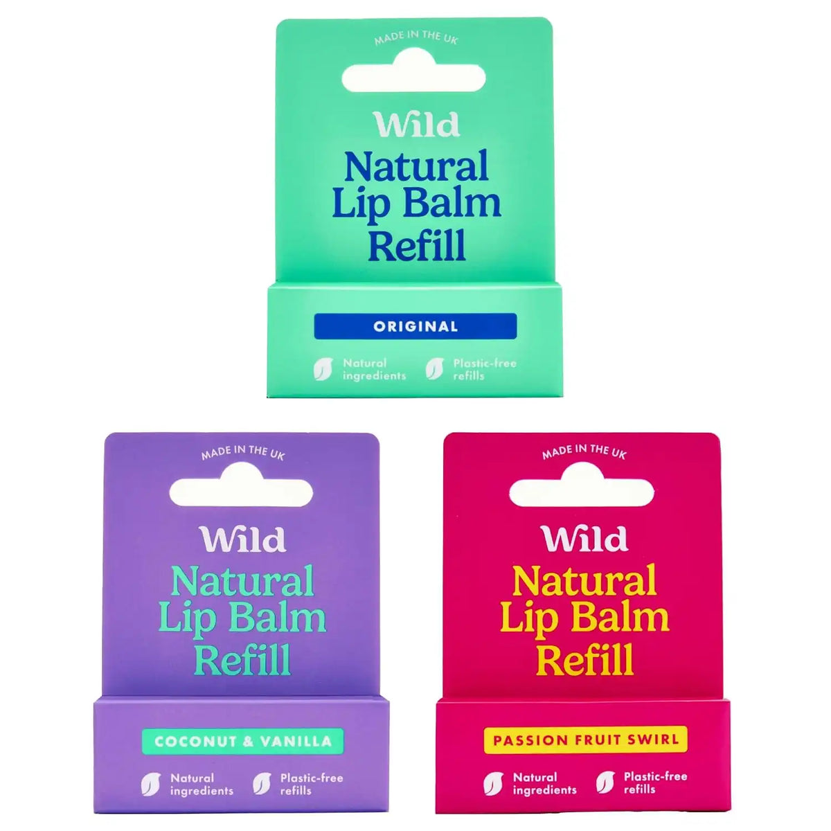 Wild Refillable Lip Balm - 3 Pack of Lip Balm Refills in a Variety of Scents - Includes Passionfruit Swirl, Original and Coconut & Vanilla Scents - Beeswax Free
